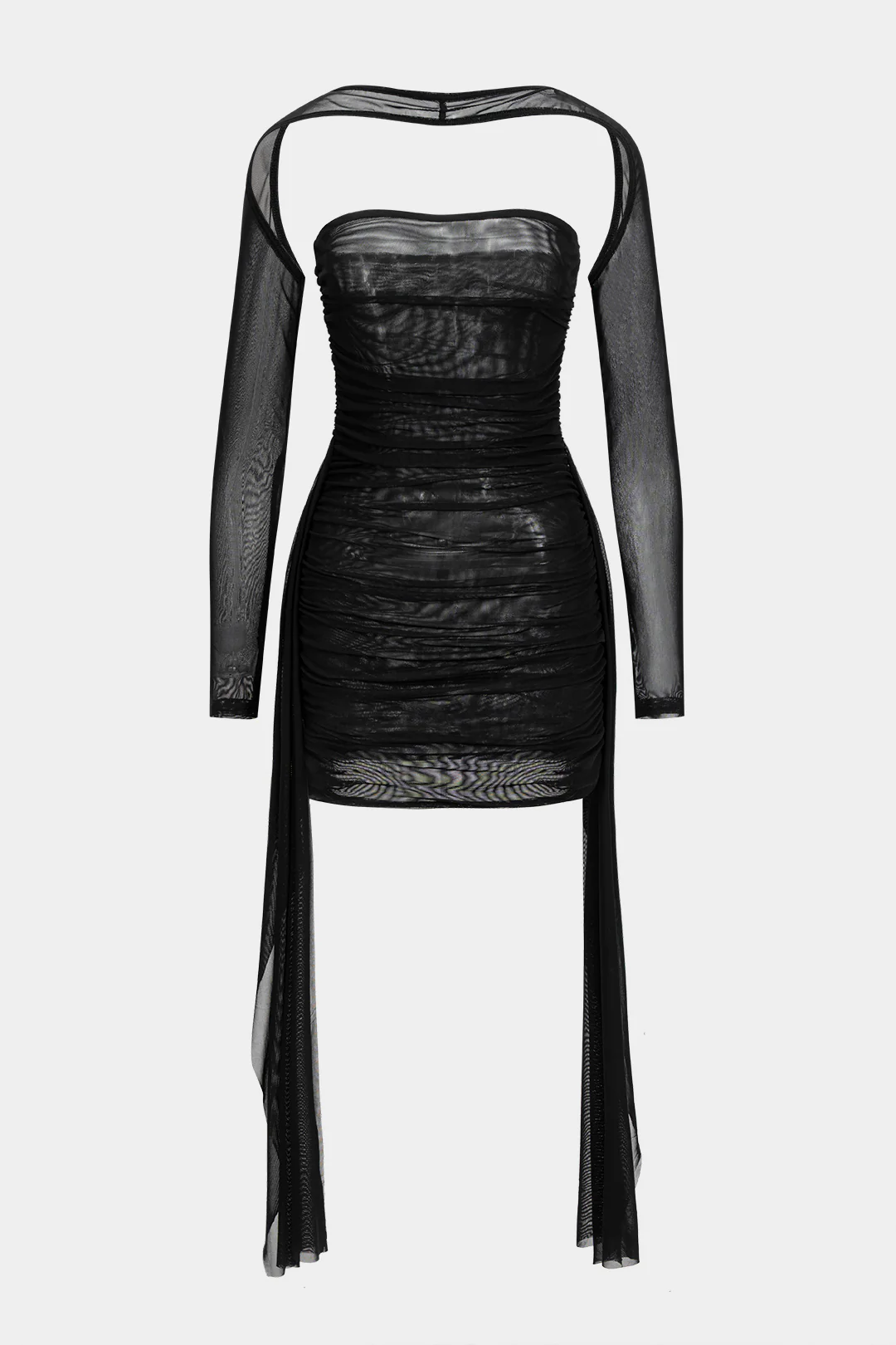 Sheer Mesh Ruched Strapless Midi Dress With Long Sleeve Overlay - Image 2