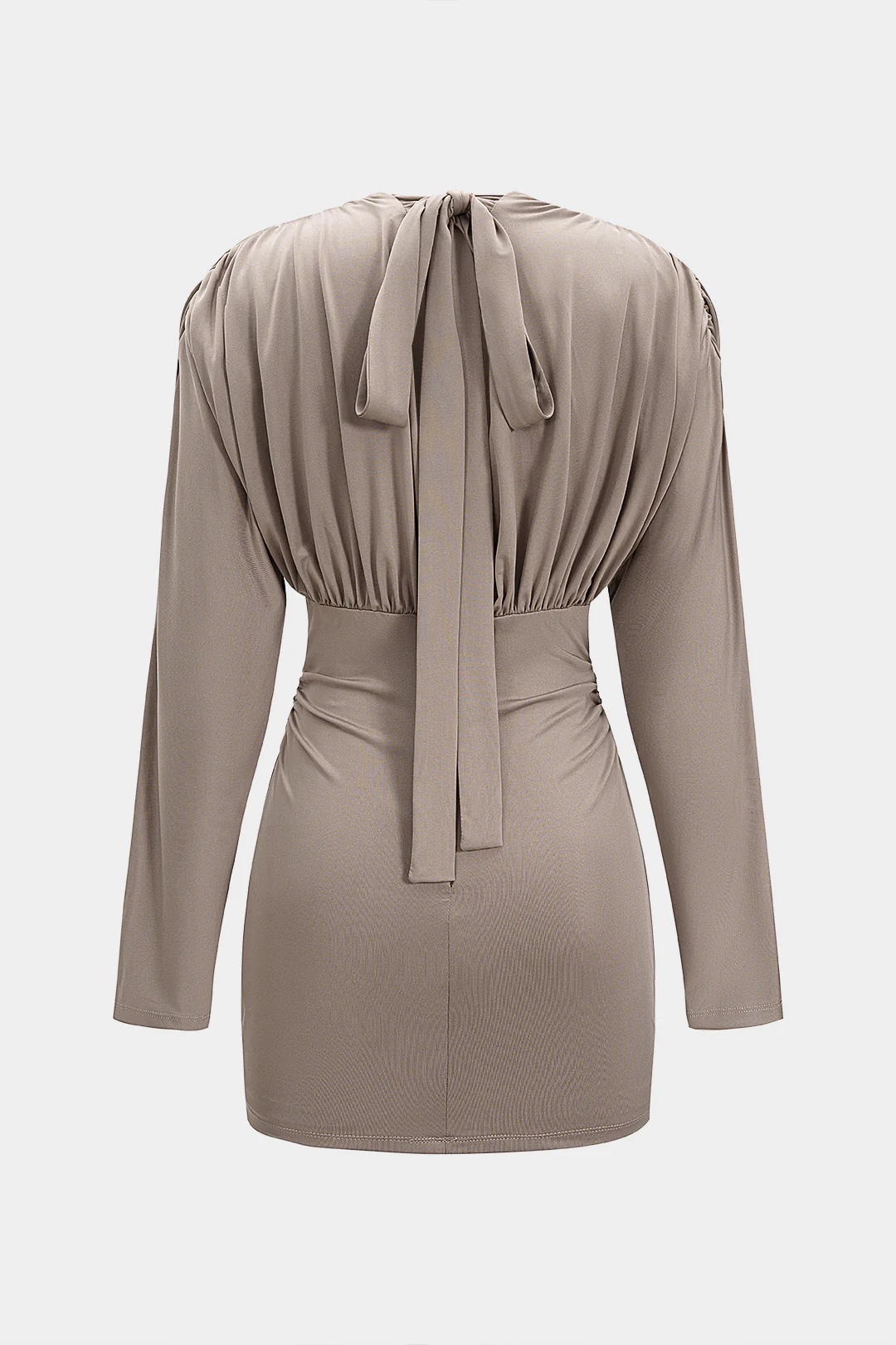 V-Neck Tie Back Ruched Long Sleeve Mini Dress - Image 2