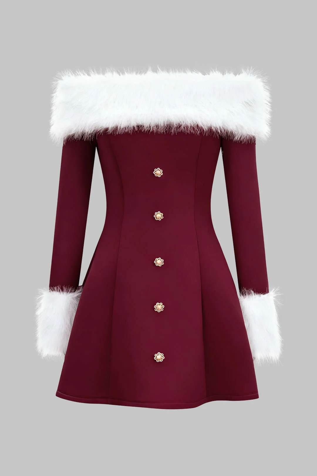 Fur Trim Patchwork Off-Shoulder Button Long Sleeve Mini Dress - Image 11