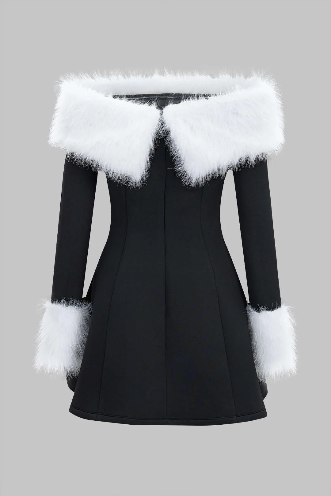 Fur Trim Patchwork Off-Shoulder Button Long Sleeve Mini Dress - Image 2