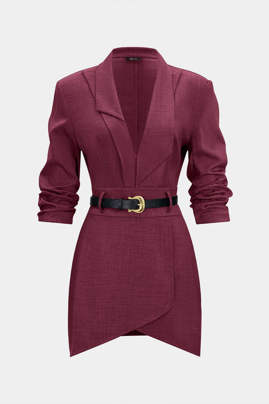 Asymmetrical Notched Lapel Belted Long Sleeve Mini Dress - Image 10
