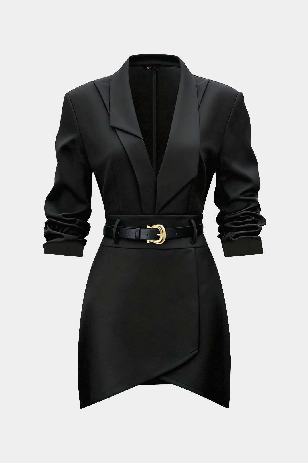 Asymmetrical Notched Lapel Belted Long Sleeve Mini Dress - Image 11