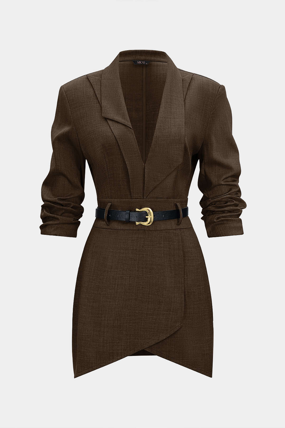 Asymmetrical Notched Lapel Belted Long Sleeve Mini Dress - Image 12