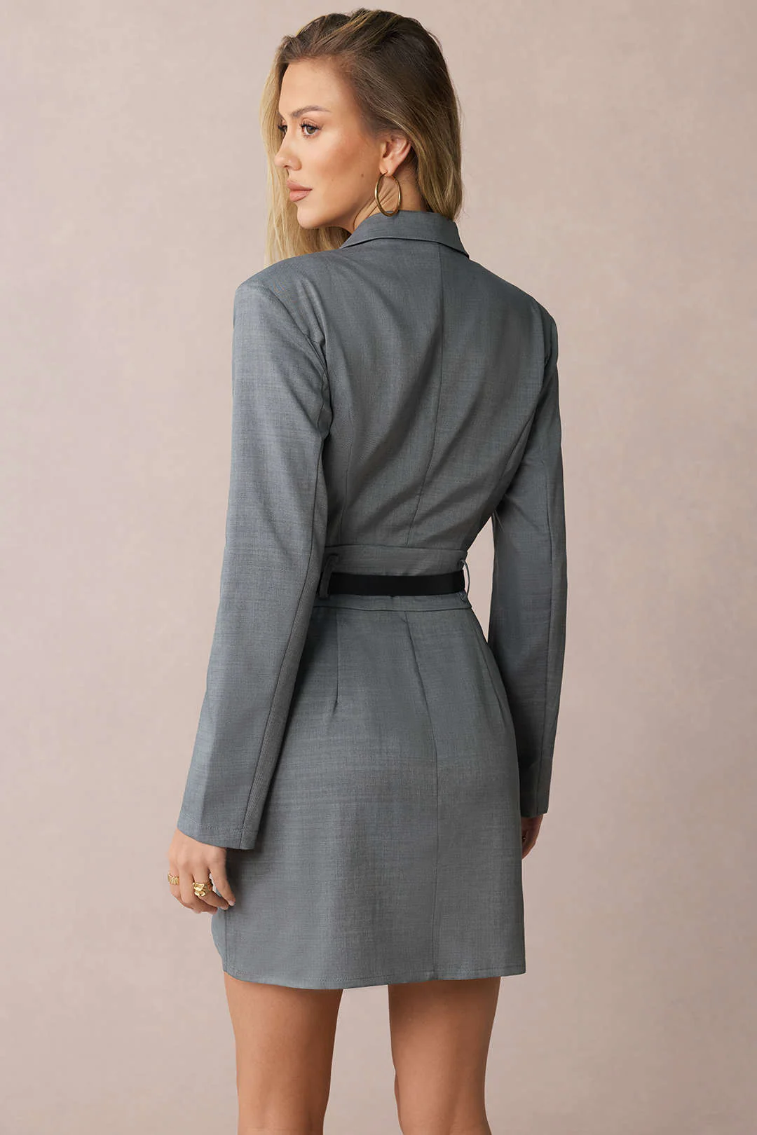Asymmetrical Notched Lapel Belted Long Sleeve Mini Dress - Image 9