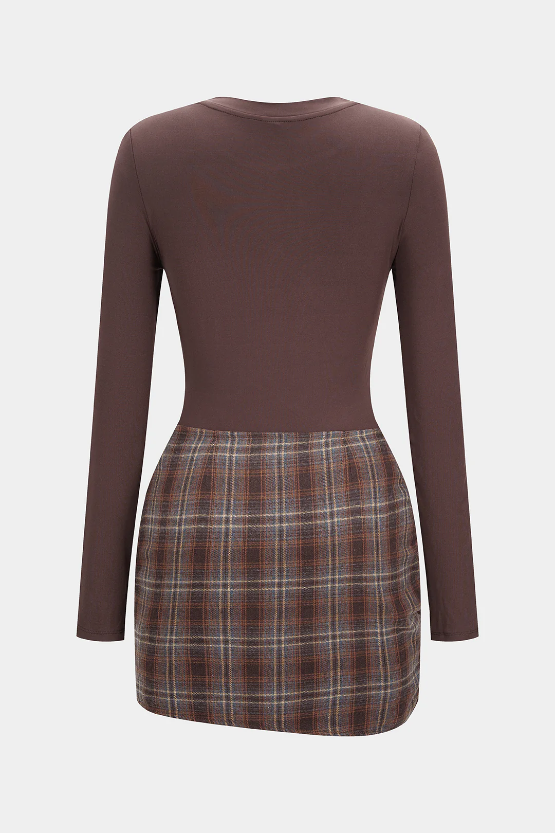 Plaid Print Patchwork Tie Front Long Sleeve Mini Dress - Image 2
