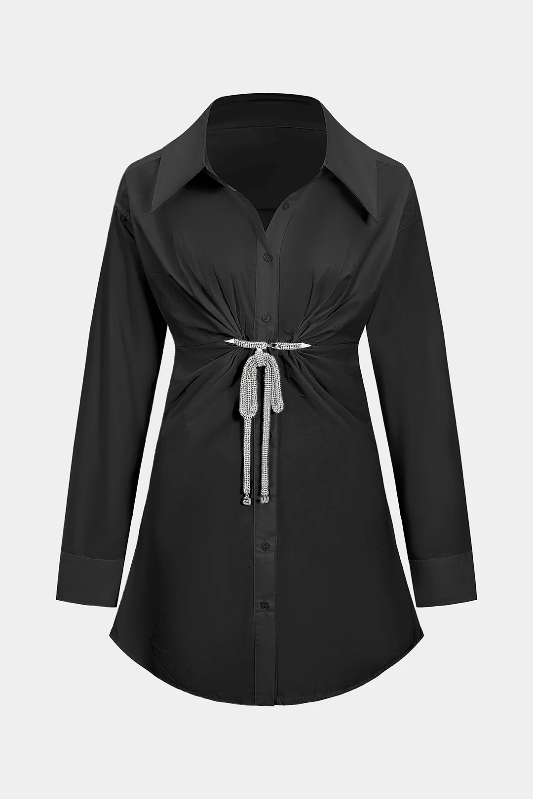 Solid Metallic Decor Button Long Sleeve Mini Dress - Image 5