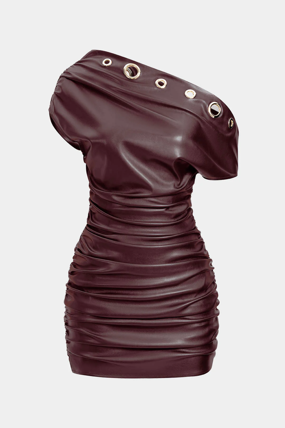 Faux Leather Metallic Eyelet Ruched One Shoulder Mini Dress - Image 11