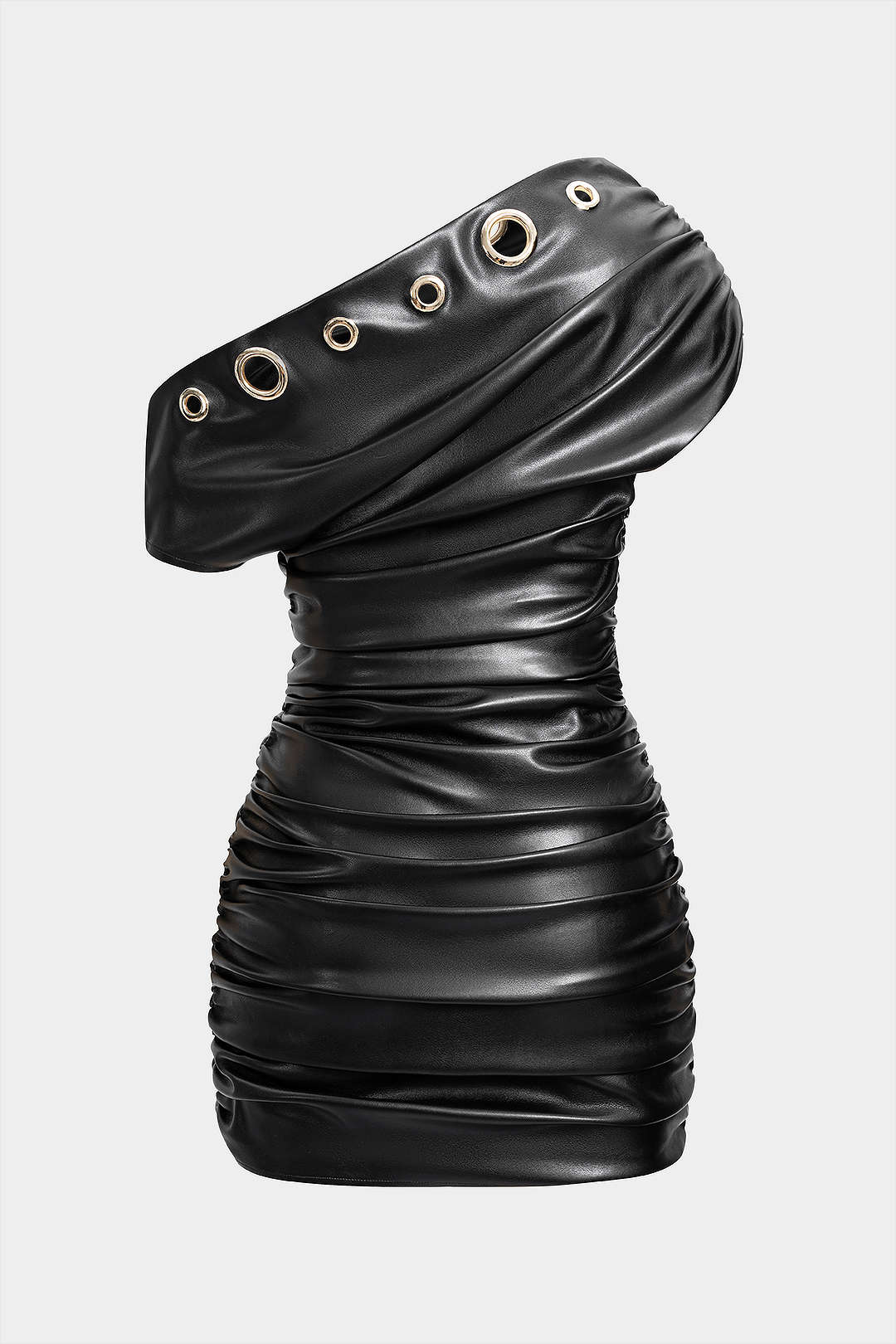 Faux Leather Metallic Eyelet Ruched One Shoulder Mini Dress - Image 2