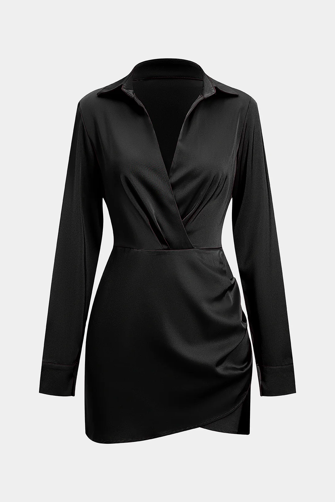 Satin Crossed V-Neck Asymmetrical Ruched Long Sleeve Mini Dress - Image 10