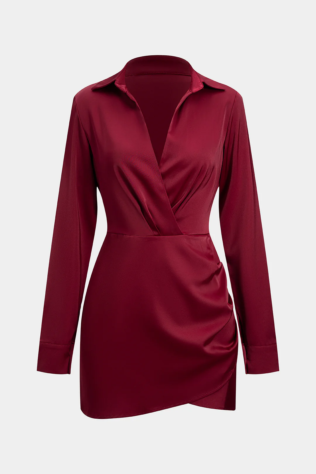 Satin Crossed V-Neck Asymmetrical Ruched Long Sleeve Mini Dress - Image 3