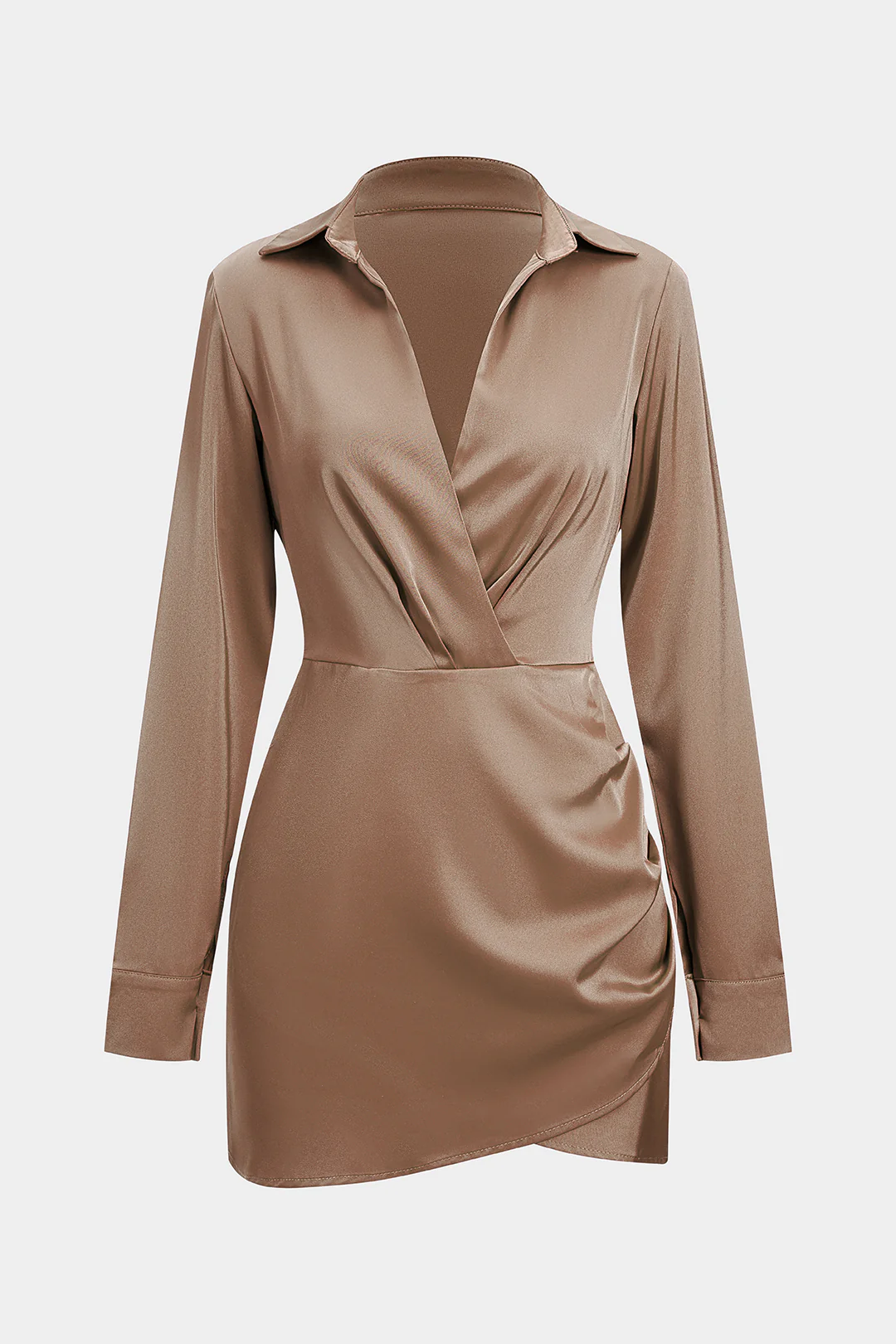 Satin Crossed V-Neck Asymmetrical Ruched Long Sleeve Mini Dress - Image 8