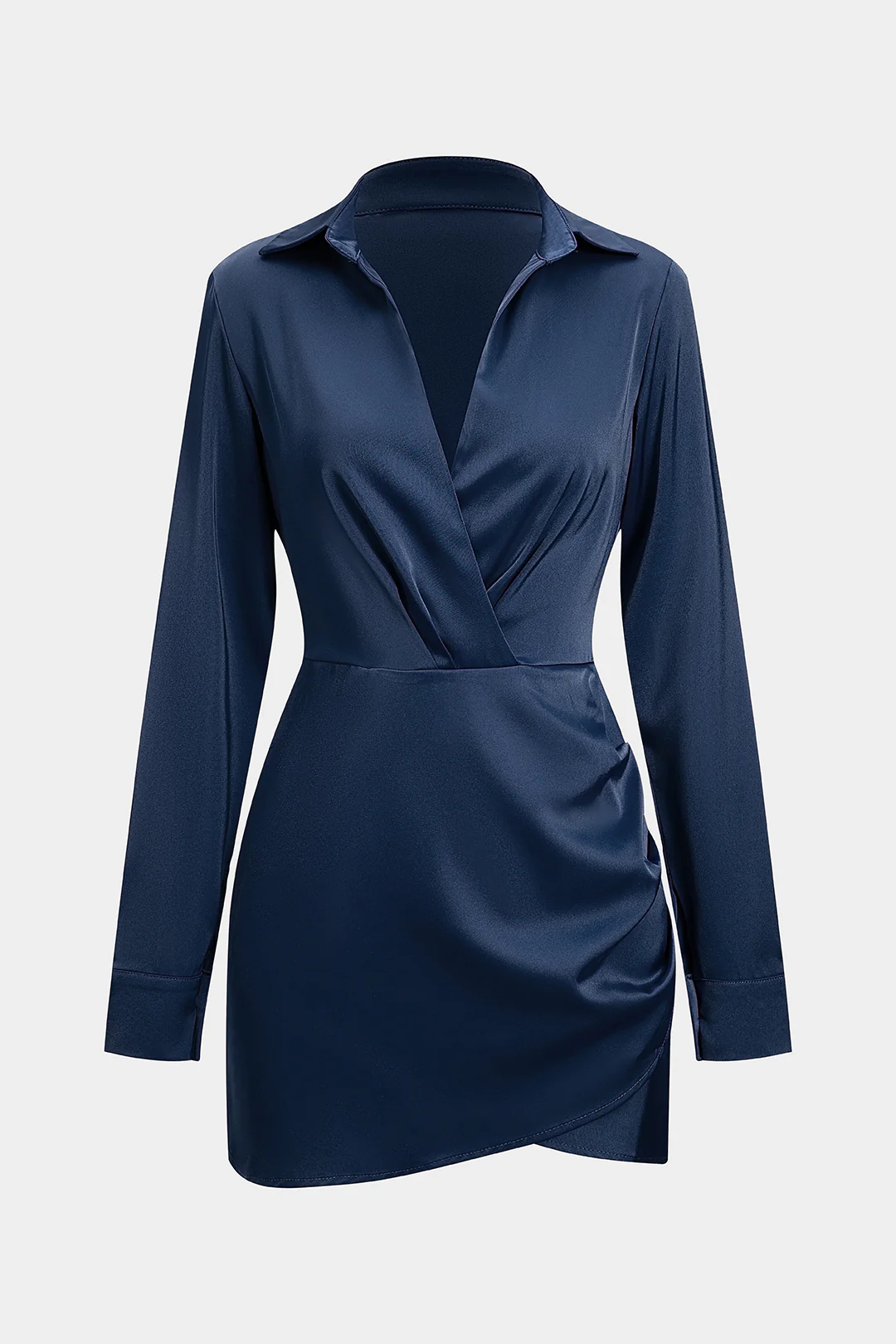 Satin Crossed V-Neck Asymmetrical Ruched Long Sleeve Mini Dress - Image 9