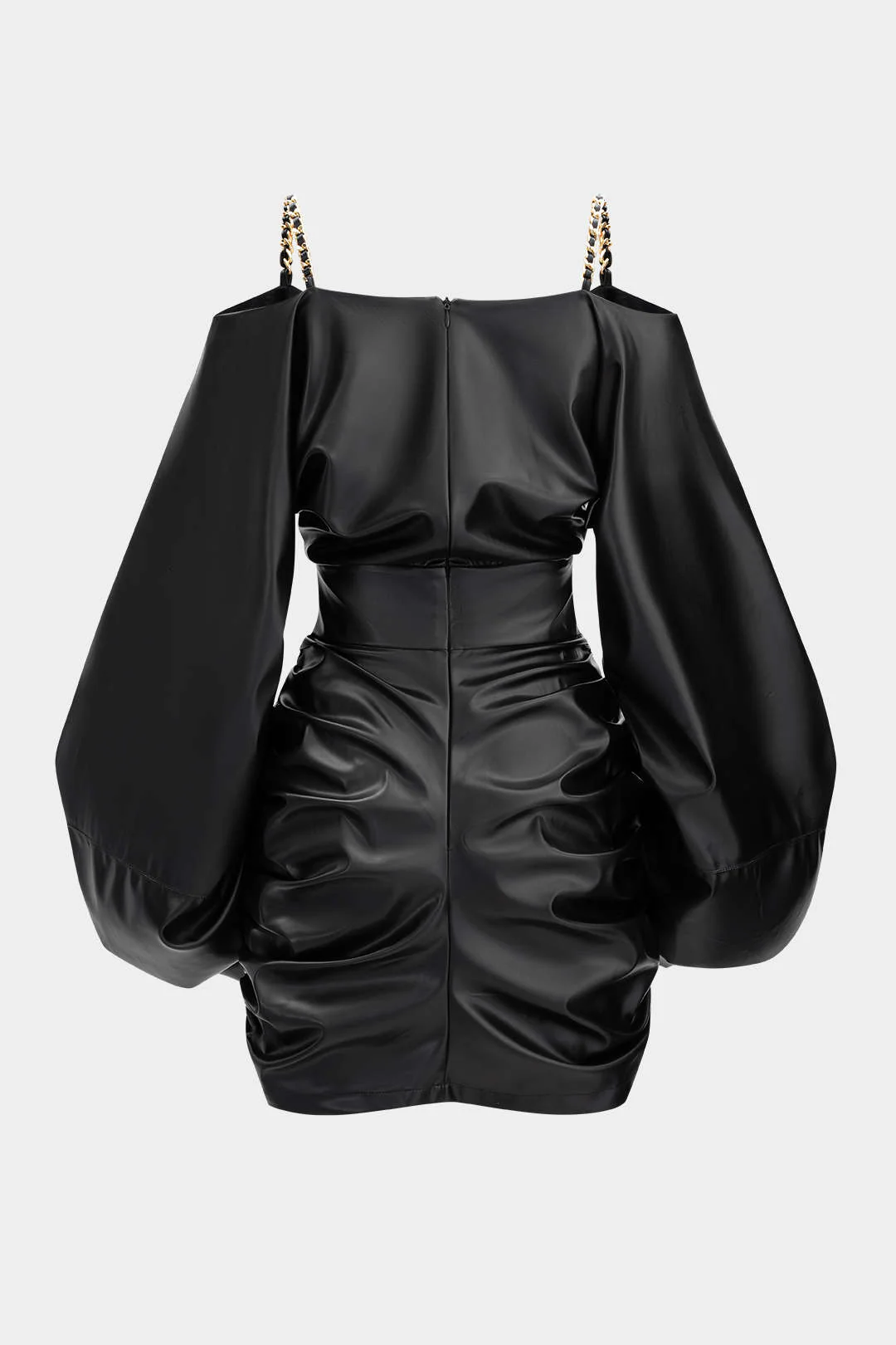 Faux Leather Metallic Chain Crossed Ruched Long Sleeve Mini Dress - Image 2