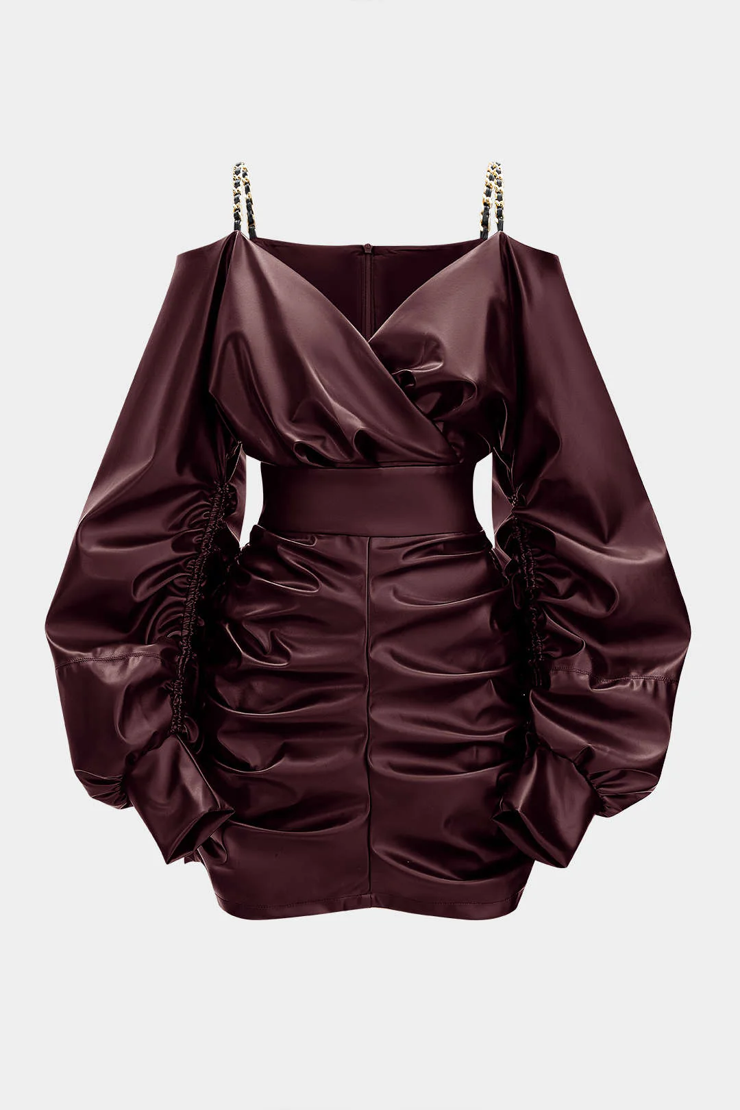 Faux Leather Metallic Chain Crossed Ruched Long Sleeve Mini Dress - Image 5
