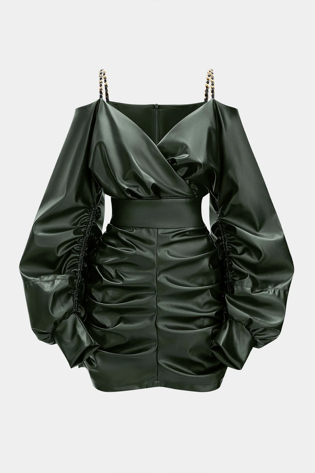 Faux Leather Metallic Chain Crossed Ruched Long Sleeve Mini Dress - Image 6