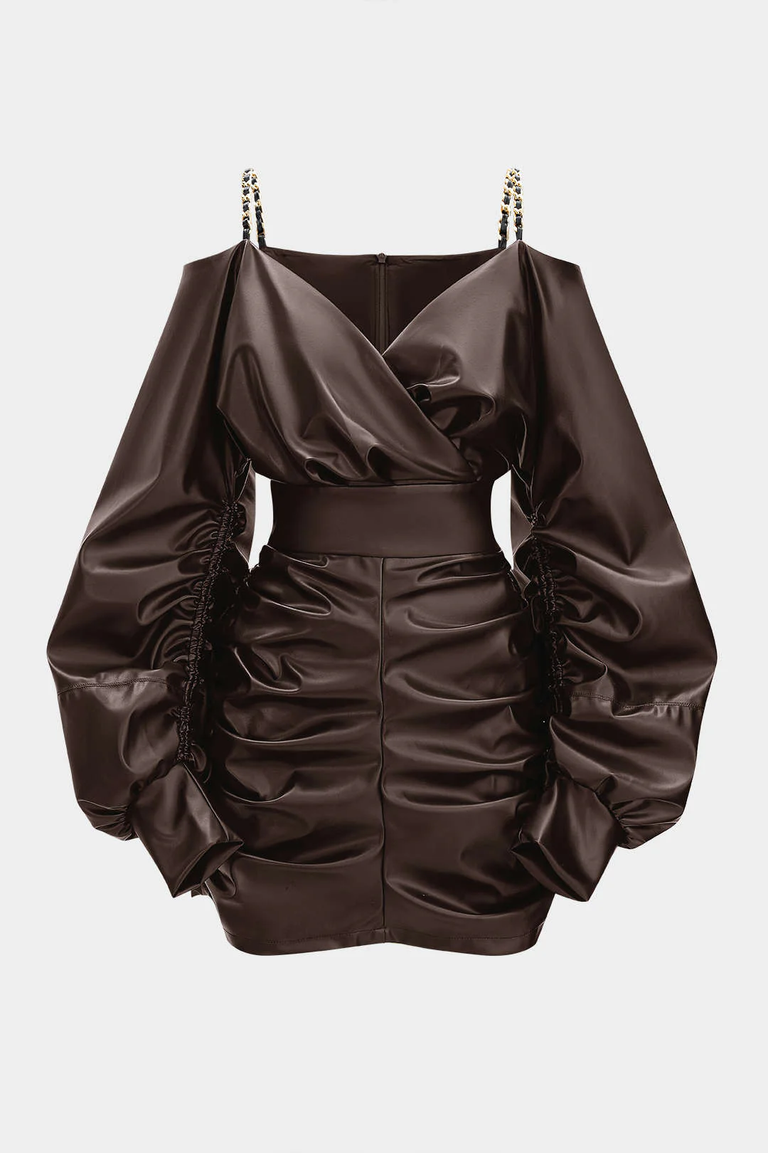 Faux Leather Metallic Chain Crossed Ruched Long Sleeve Mini Dress - Image 7