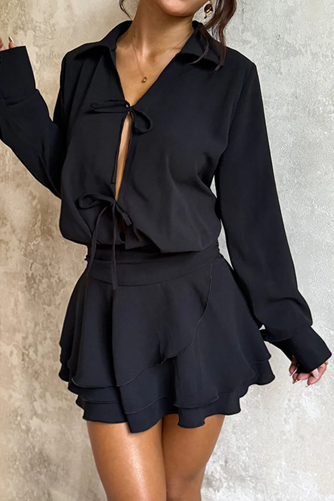Ruffle Hem Cut Out Long-Sleeve Mini Dress - Image 6
