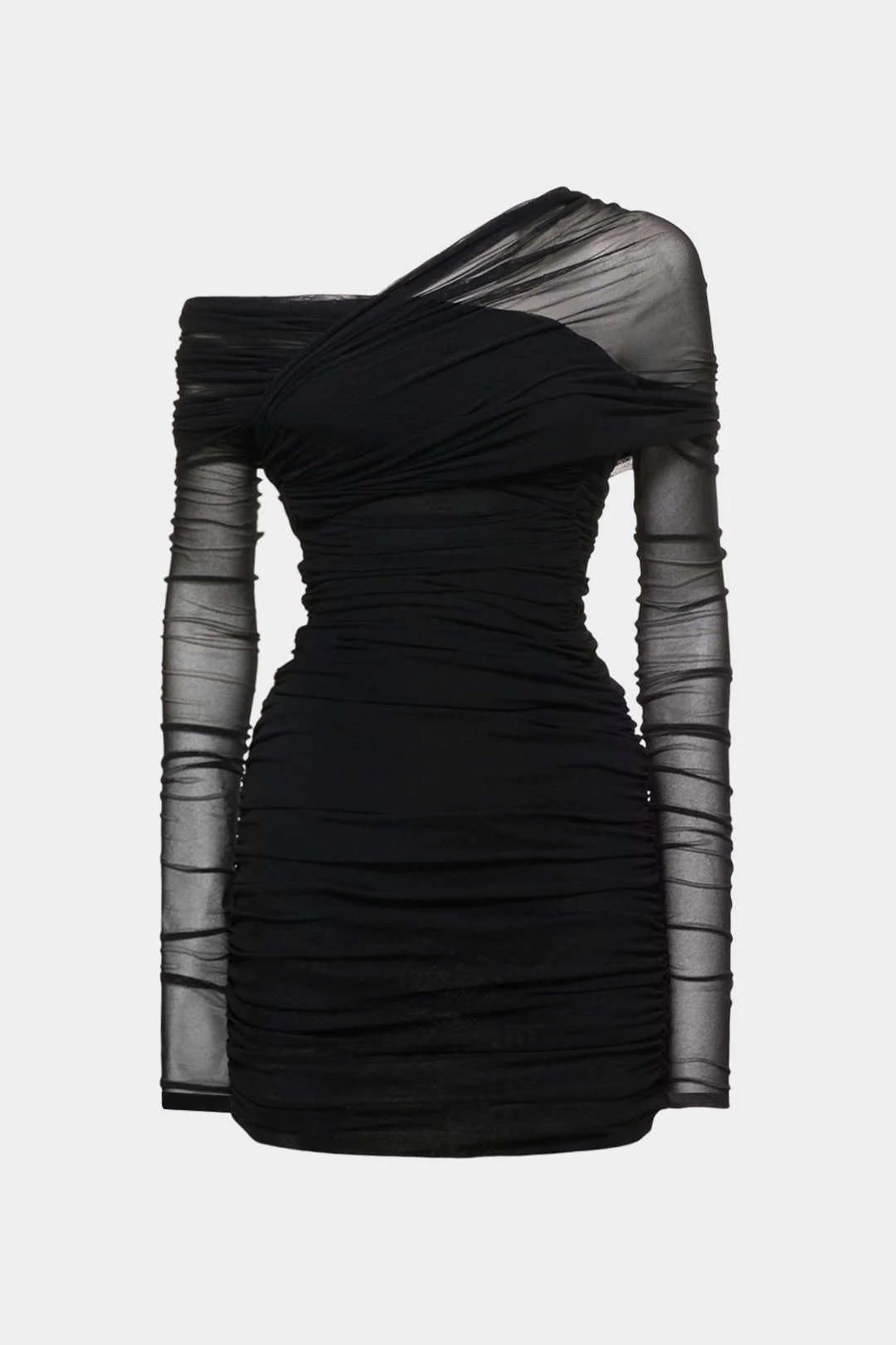 Sheer Mesh One Shoulder Long Sleeve Ruched Mini Dress - Image 8