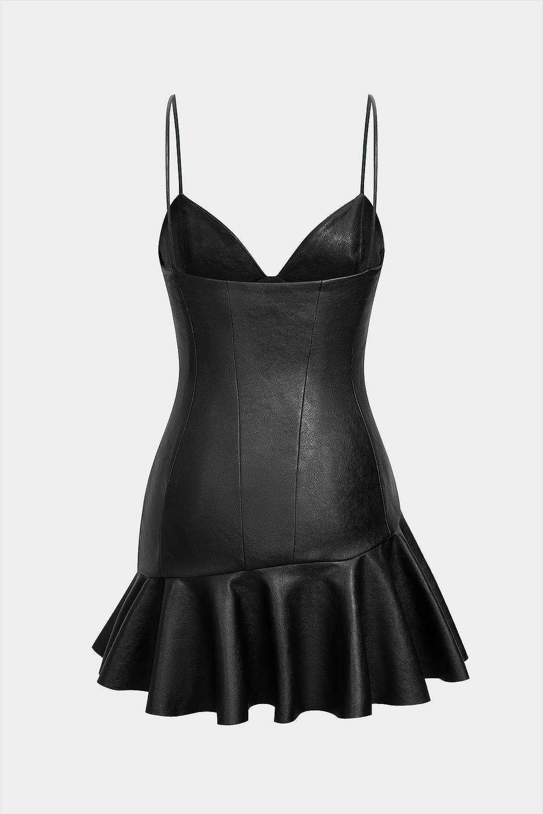 Faux Leather Asymmetrical Ruffle Hem Slip Sleeveless Mini Dress - Image 2
