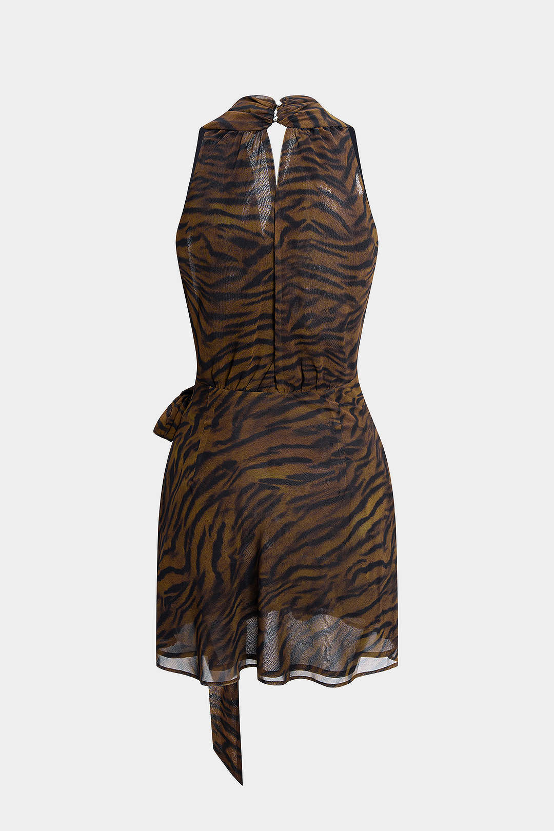 Tiger Print Chiffon V-Neck Asymmetrical Knotted Ruched Sleeveless Mini Dress - Image 2