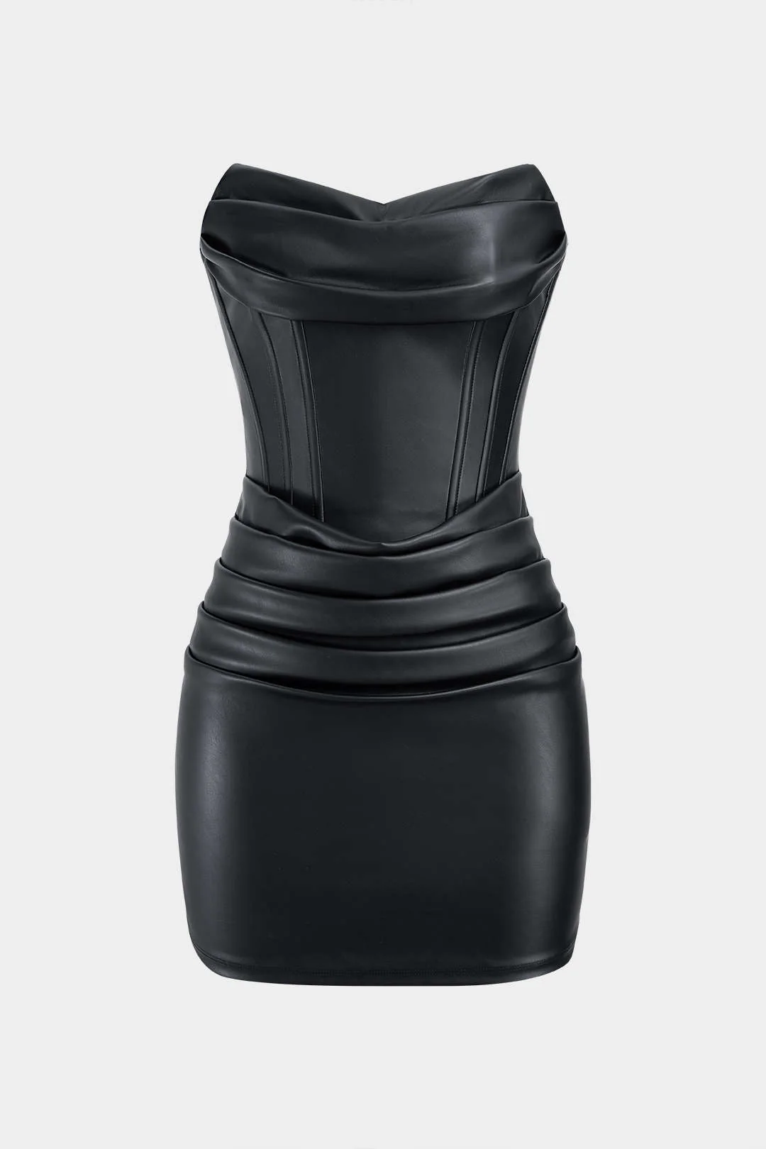 Faux Leather Zipper Ruched Strapless Sleeveless Mini Dress - Image 3