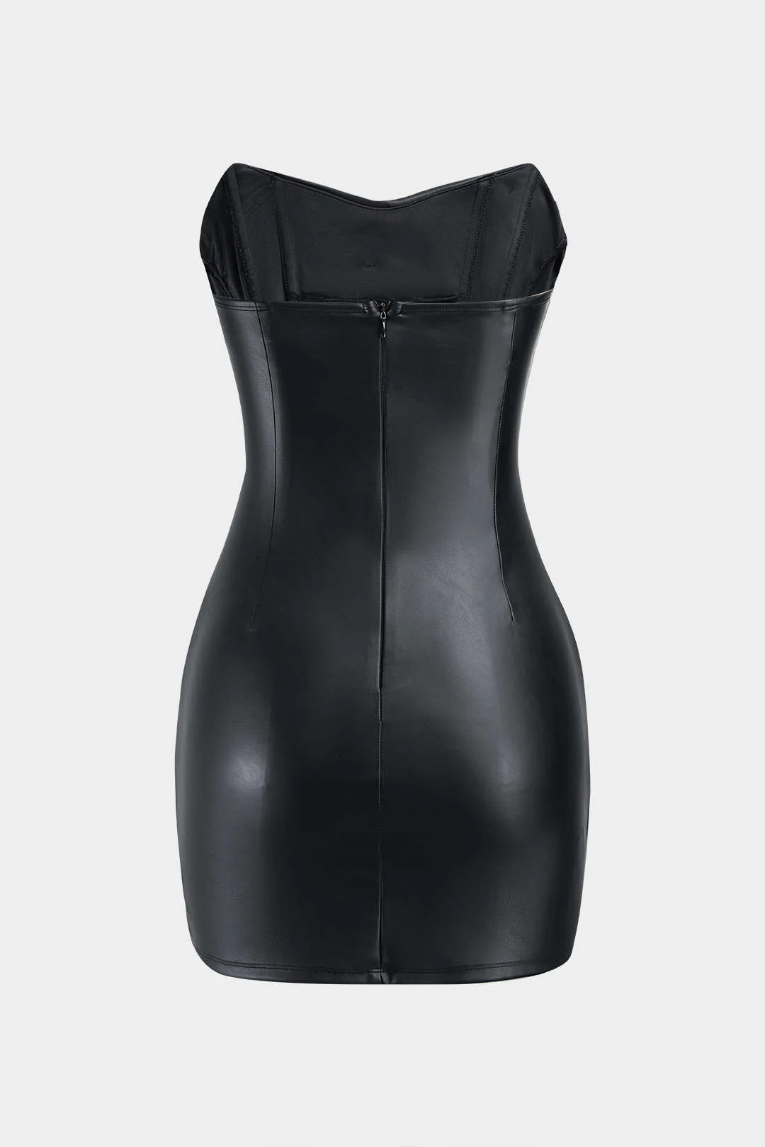 Faux Leather Zipper Ruched Strapless Sleeveless Mini Dress - Image 4