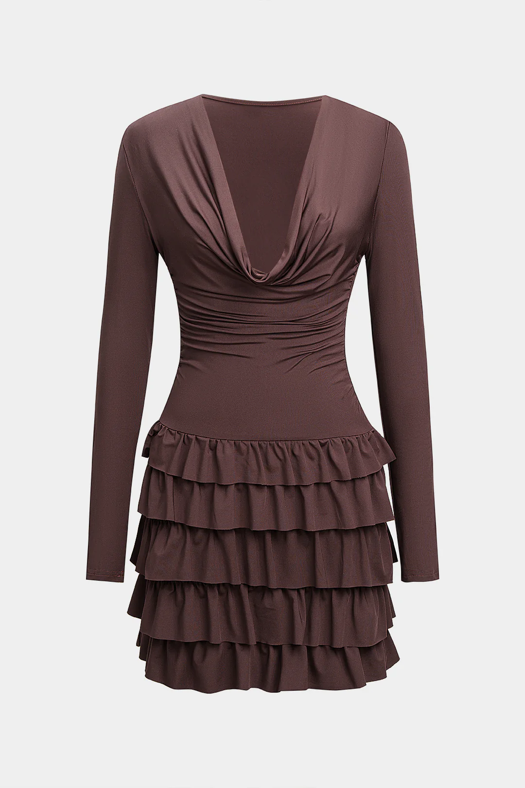 Draped Cowl Neck Ruffle Layered Long Sleeve Mini Dress