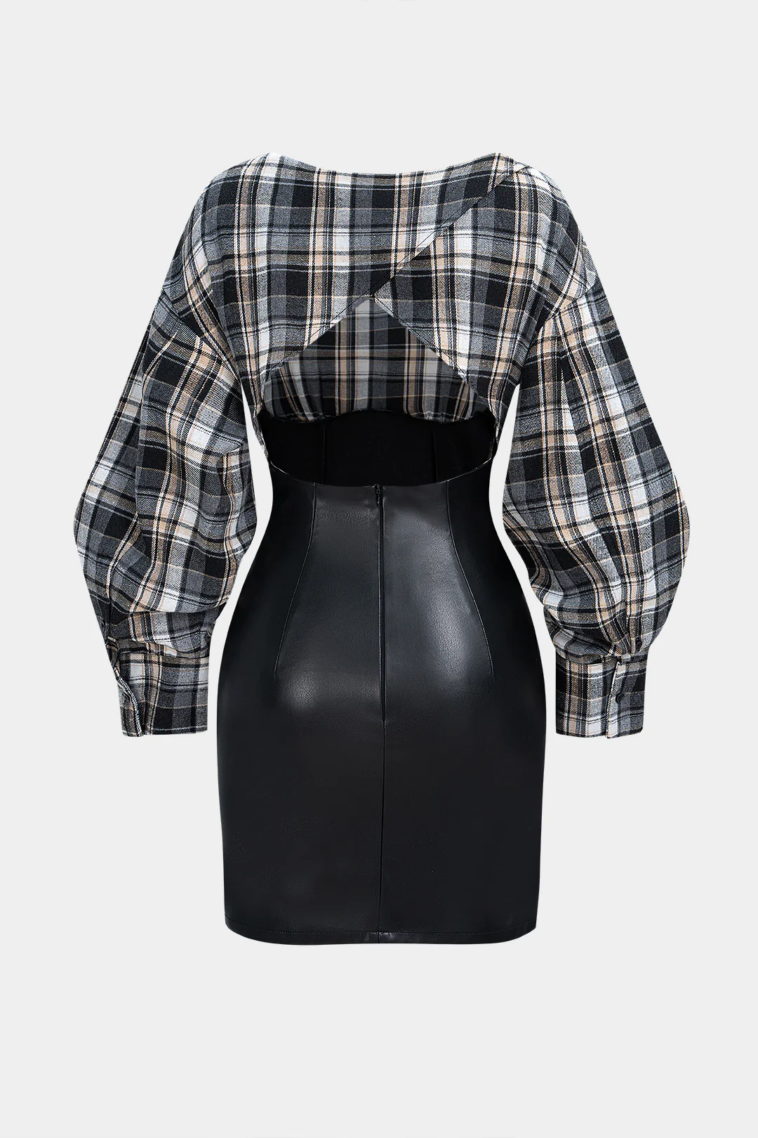 Plaid Print Faux Leather Patchwork Long Sleeve Mini Dress - Image 2