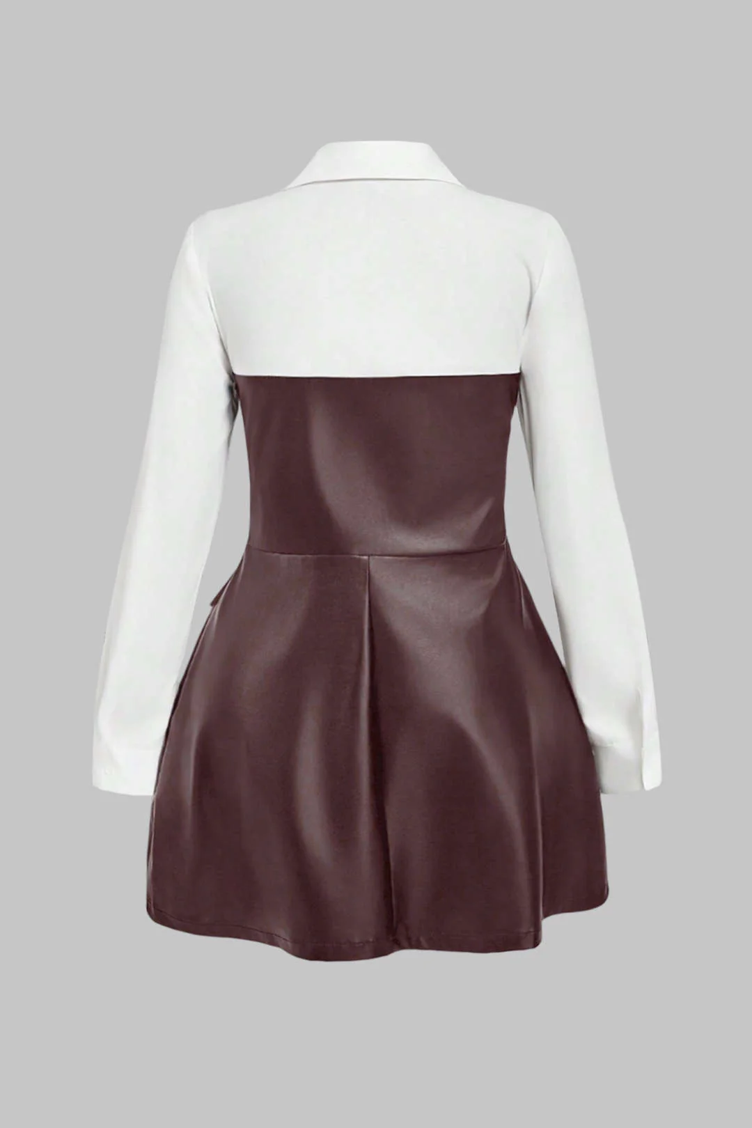 Plus Size Faux Leather Patchwork V-Neck Ruched Long Sleeve Mini Dress - Image 2