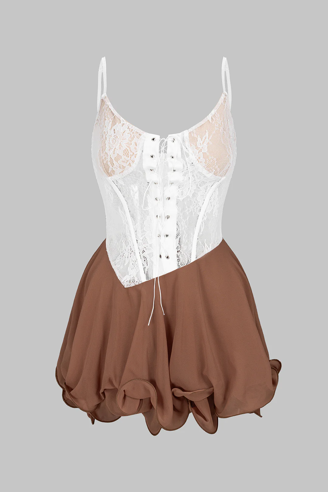 Lace Patchwork Scallop Edge Seam Splicing Slip Sleeveless Mini Dress - Image 2