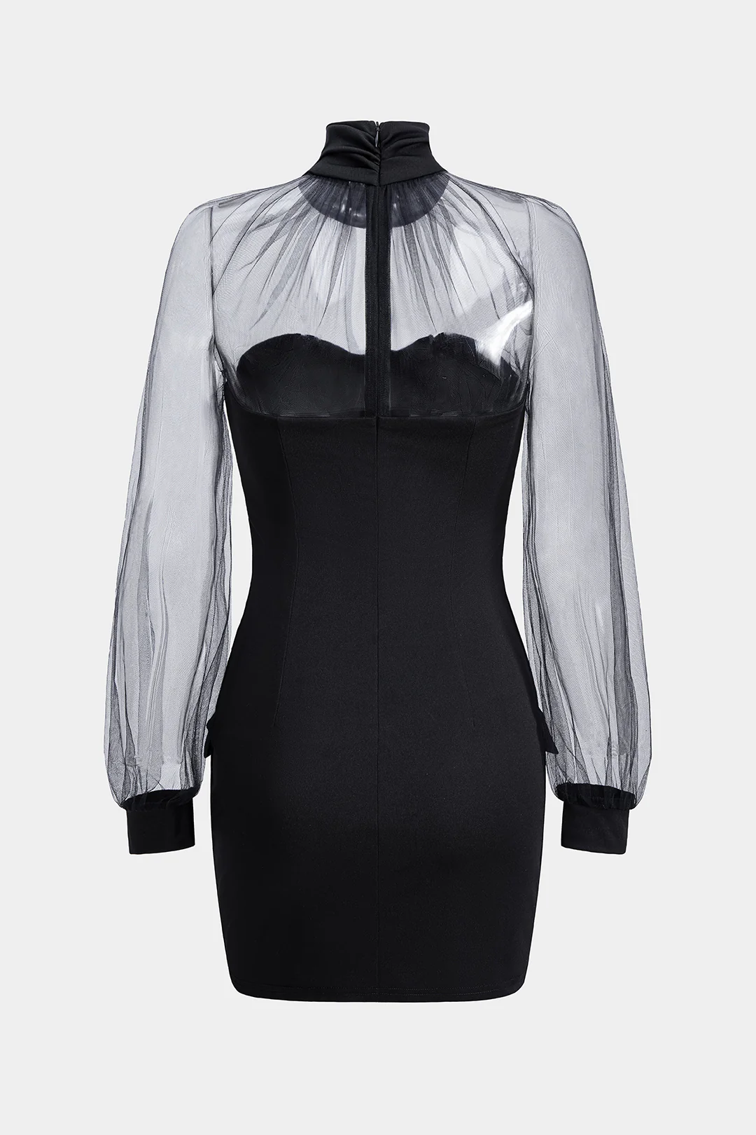 Mesh Patchwork High Neck Long Sleeve Mini Dress - Image 2