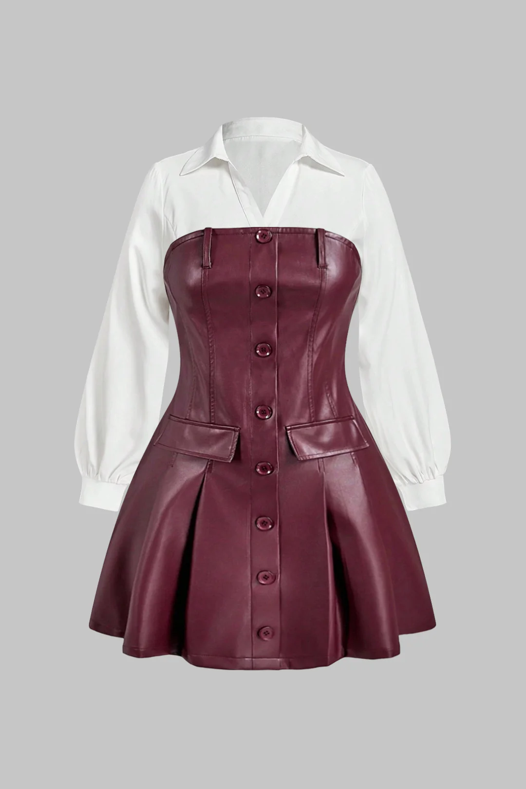 Plus Size Faux Leather Patchwork V-Neck Long Sleeve Mini Dress