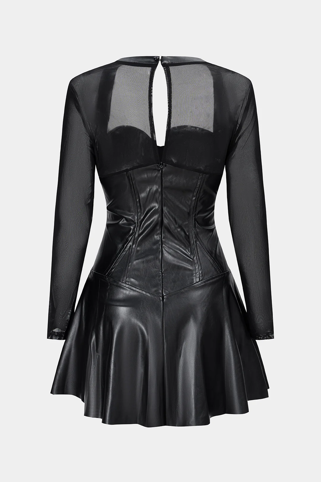 Faux Leather Patchwork Mesh Zipper Long Sleeve Mini Dress - Image 2