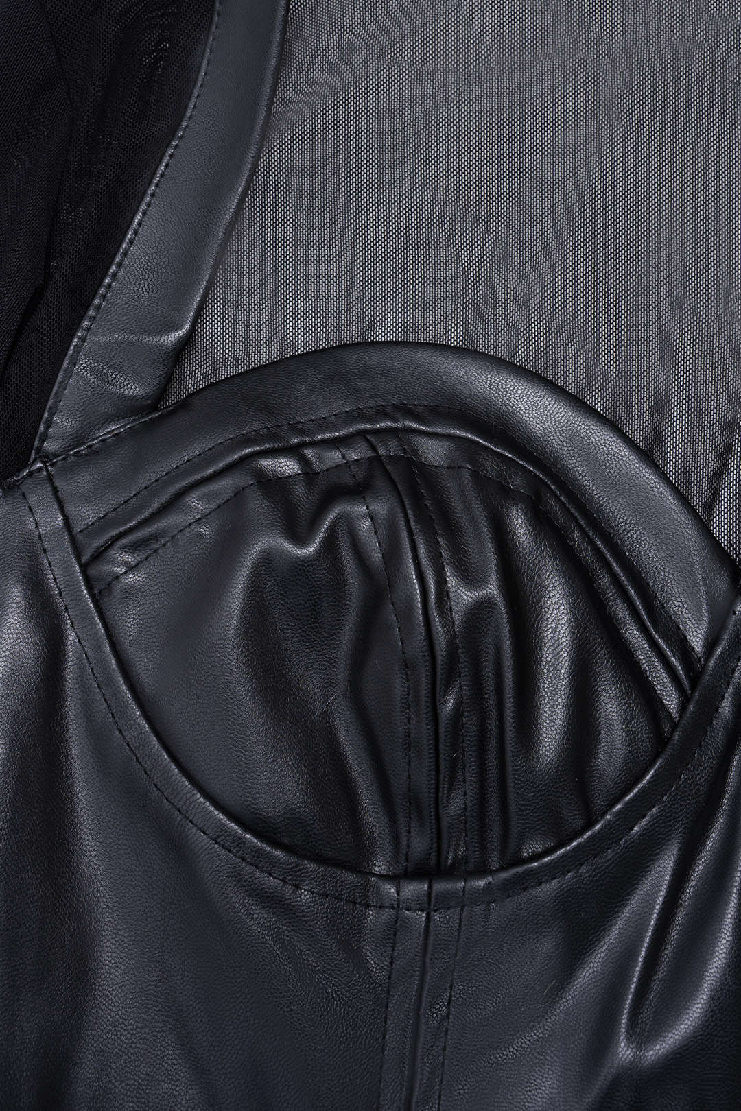 Faux Leather Patchwork Mesh Zipper Long Sleeve Mini Dress - Image 3
