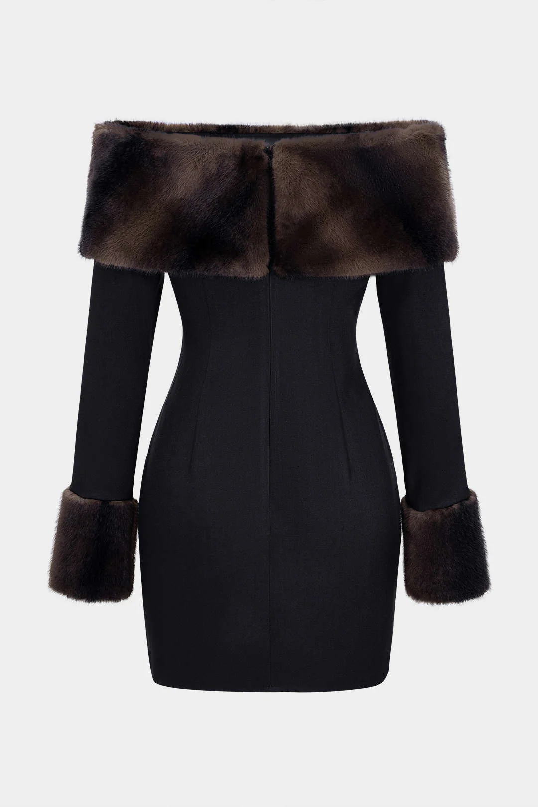 Off Shoulder Faux Fur Patchwork Long Sleeve Mini Dress - Image 2