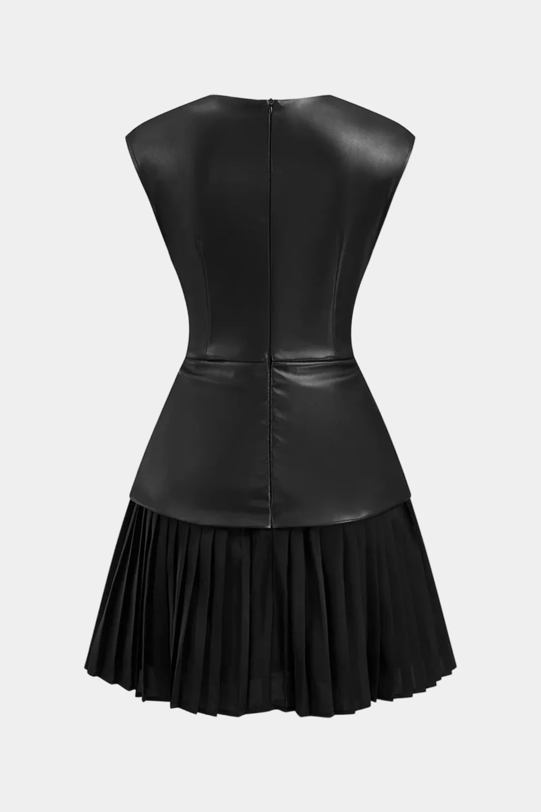 Faux Leather Patchwork Pleated Short Sleeve Mini Dress - Image 2