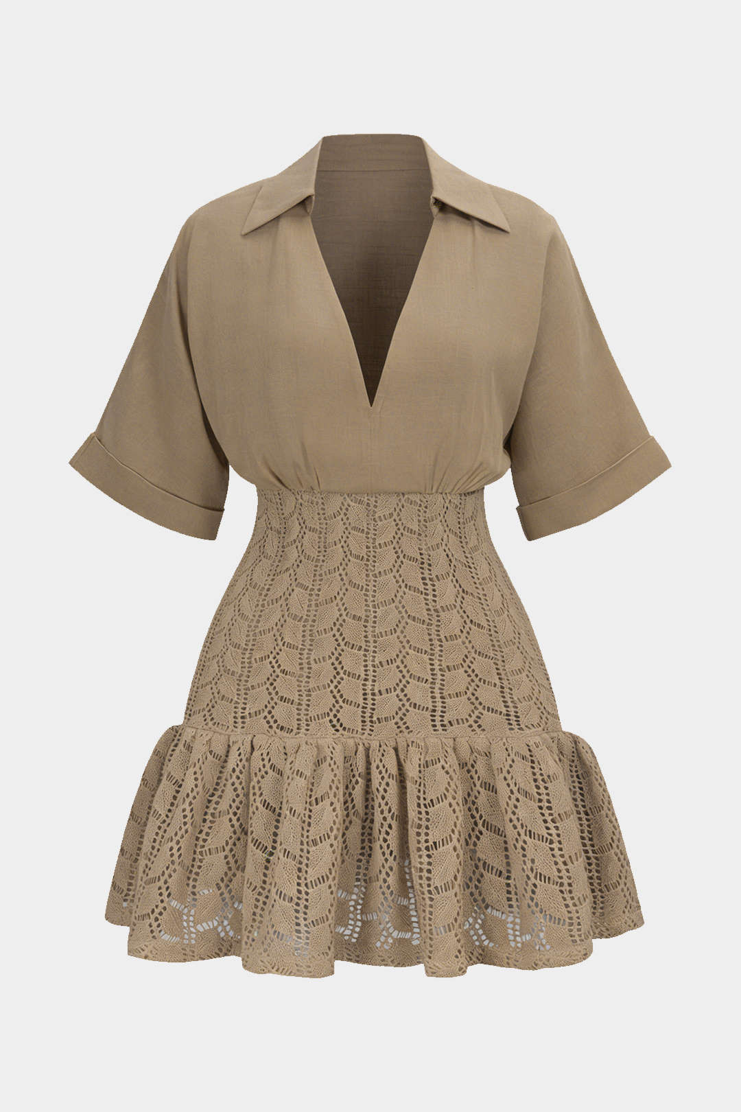 Jacquard Patchwork linen Ruched V-Neck Short Sleeve Mini Dress - Image 5