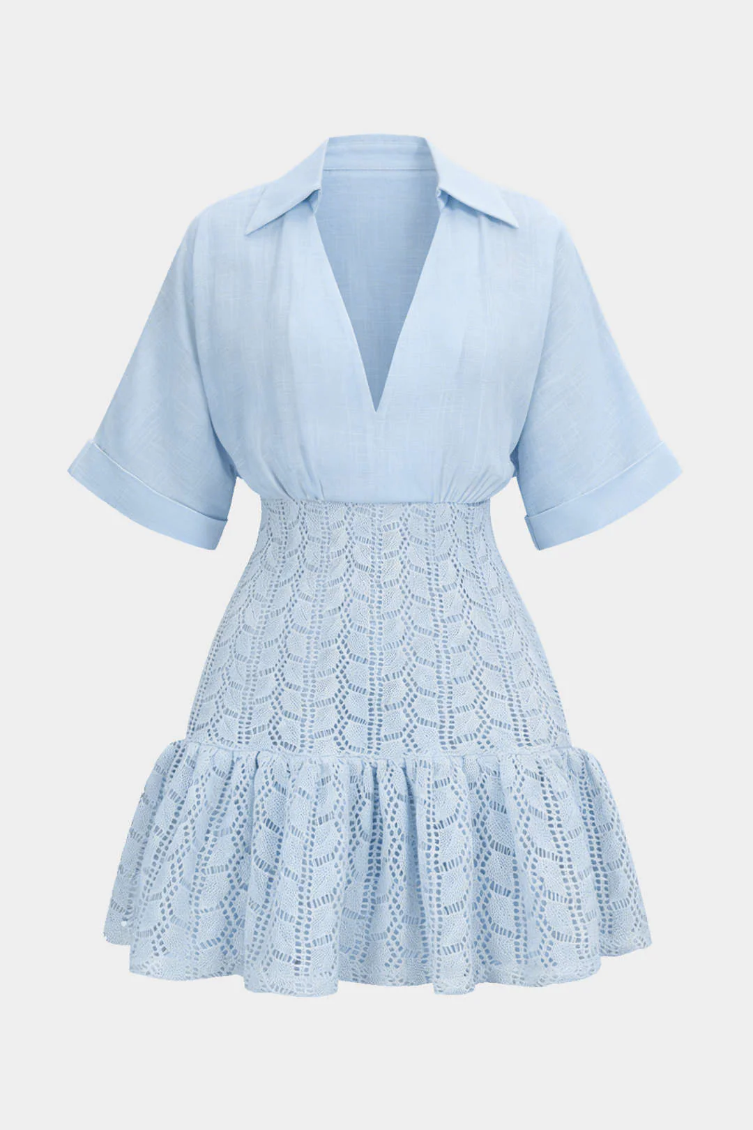 Jacquard Patchwork linen Ruched V-Neck Short Sleeve Mini Dress - Image 6