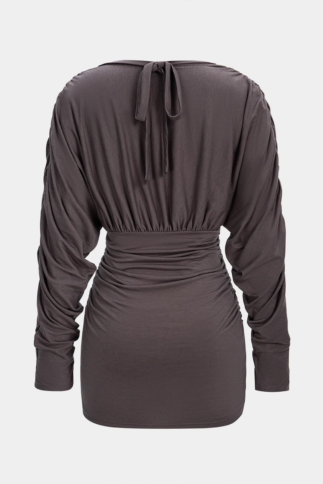 V-Neck Tie-Up Ruched Long Sleeve Mini Dress - Image 2