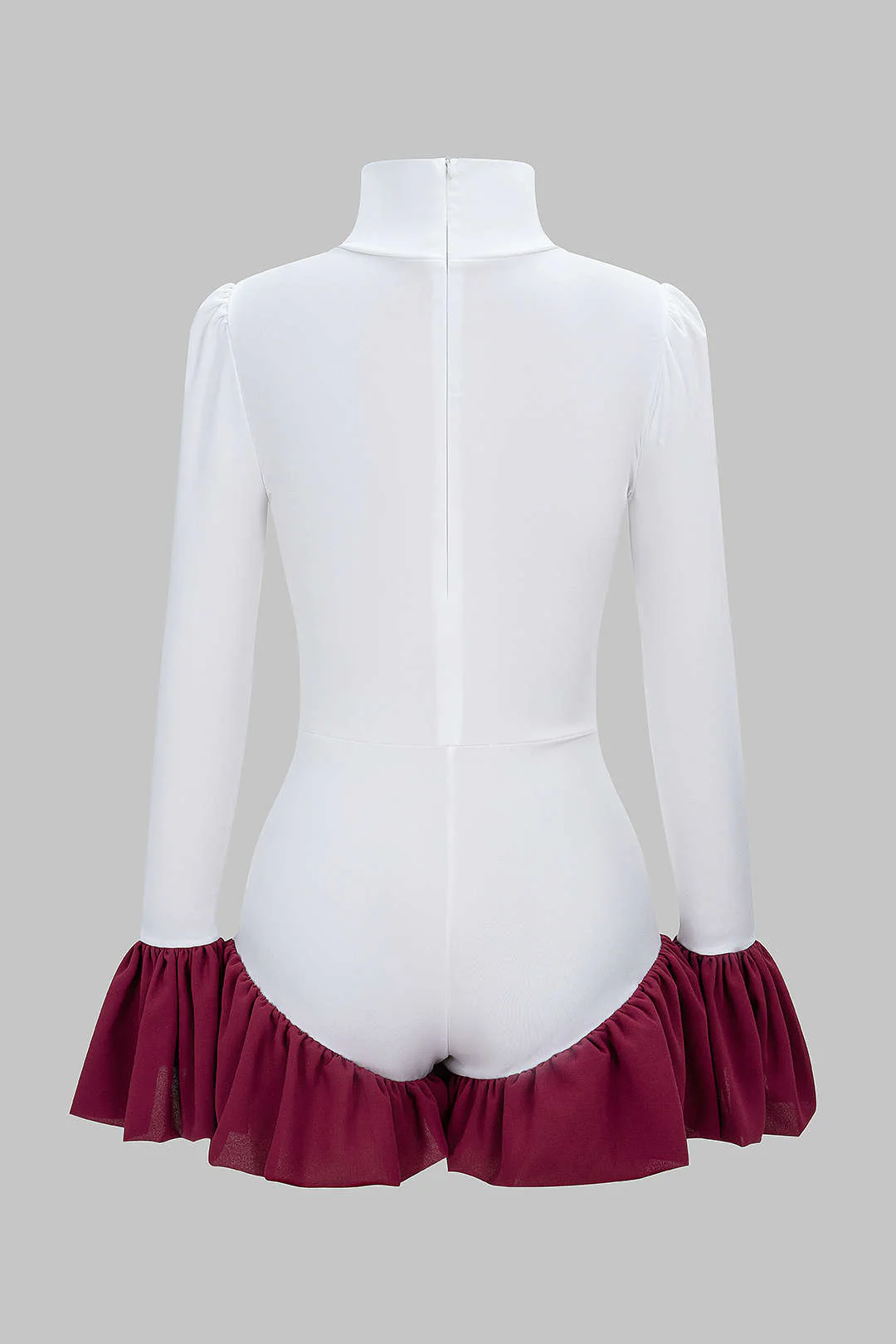 Contrast Mock Neck Ruched Bell Long Sleeve Bodysuit - Image 2
