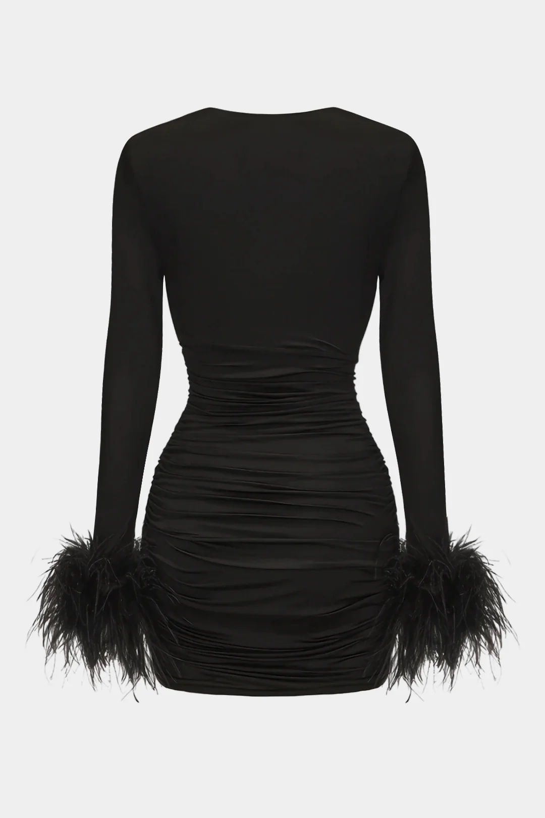 Ruched Feather Trim V-Neck Asymmetrical Long Sleeve Mini Dress - Image 2