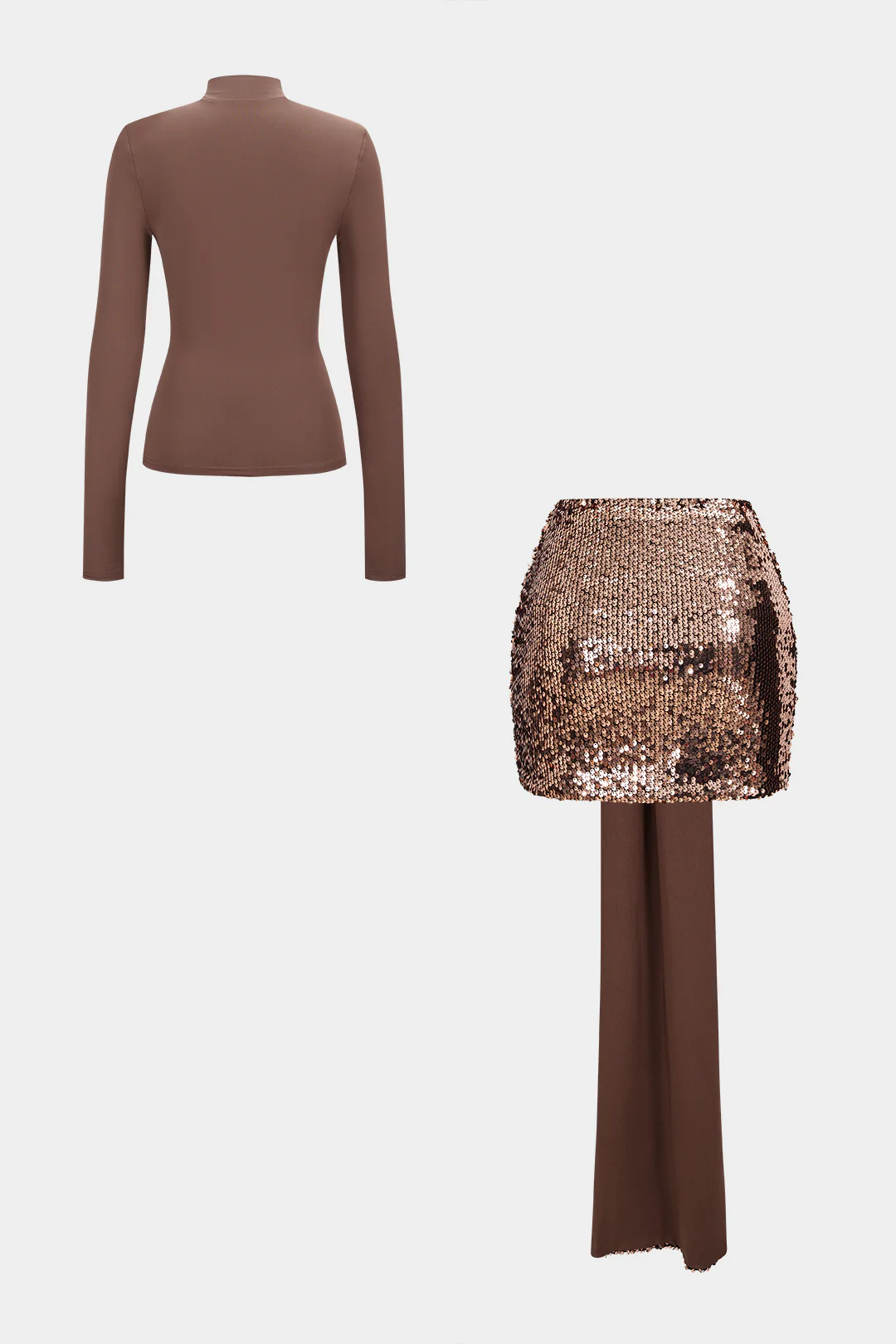 Mock Neck Long-Sleeve Top And Sequin Mini Skirt Set - Image 2