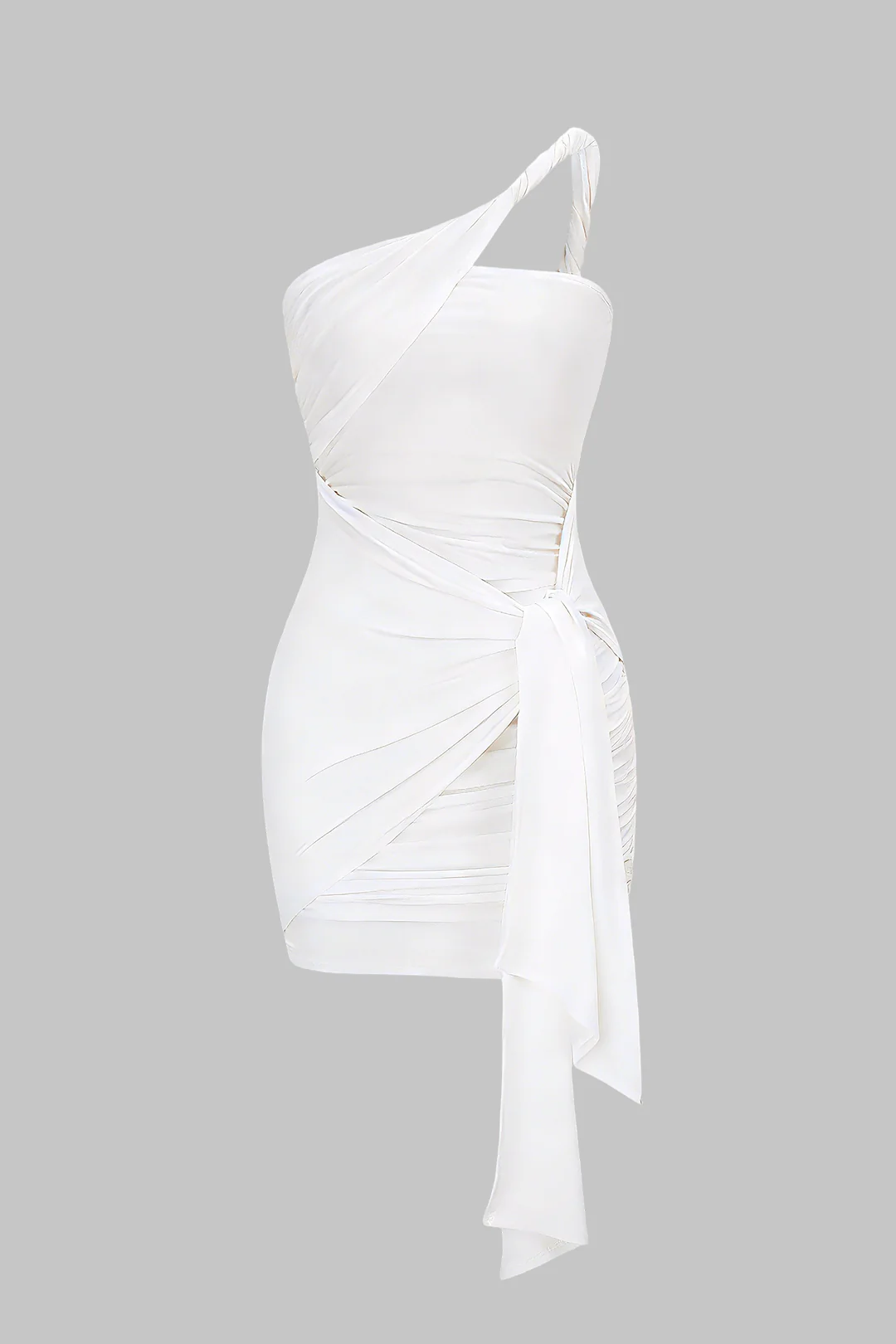 One Shoulder Twist Knot Asymmetrical Tie-Up Ruched Sleeveless Mini Dress - Image 4
