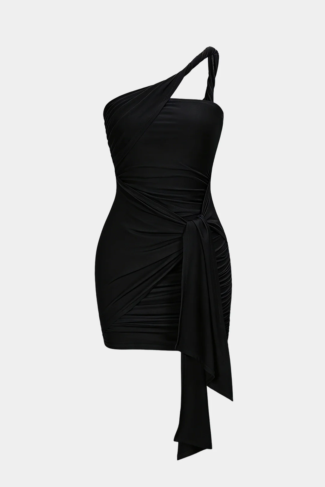One Shoulder Twist Knot Asymmetrical Tie-Up Ruched Sleeveless Mini Dress - Image 5