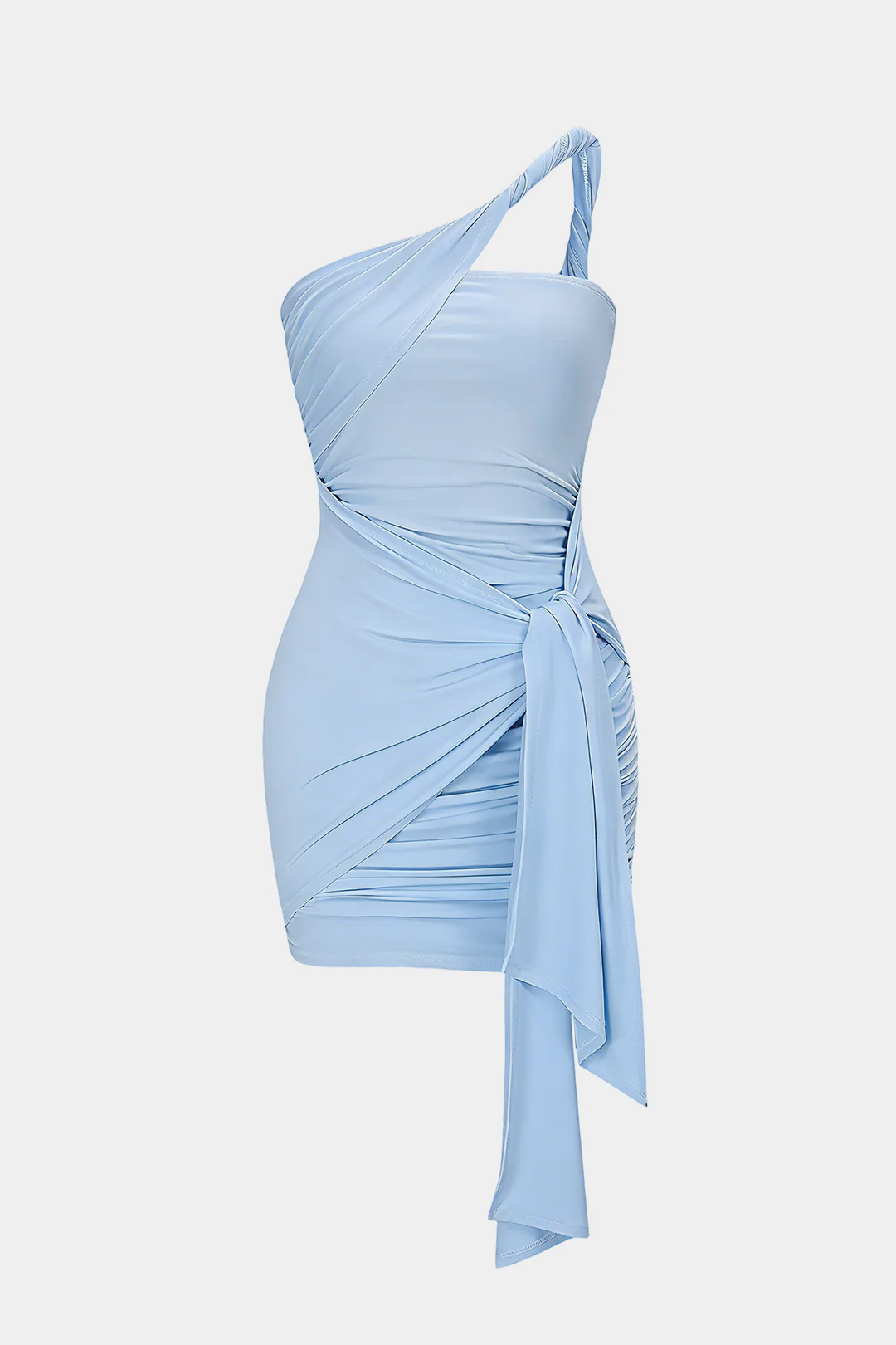 One Shoulder Twist Knot Asymmetrical Tie-Up Ruched Sleeveless Mini Dress - Image 6