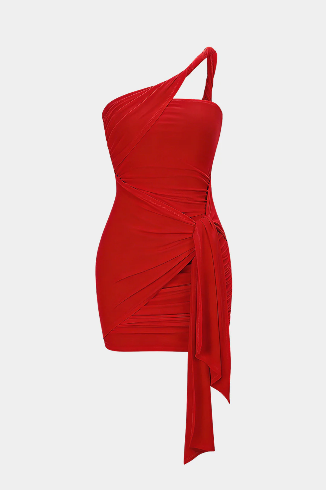 One Shoulder Twist Knot Asymmetrical Tie-Up Ruched Sleeveless Mini Dress - Image 7