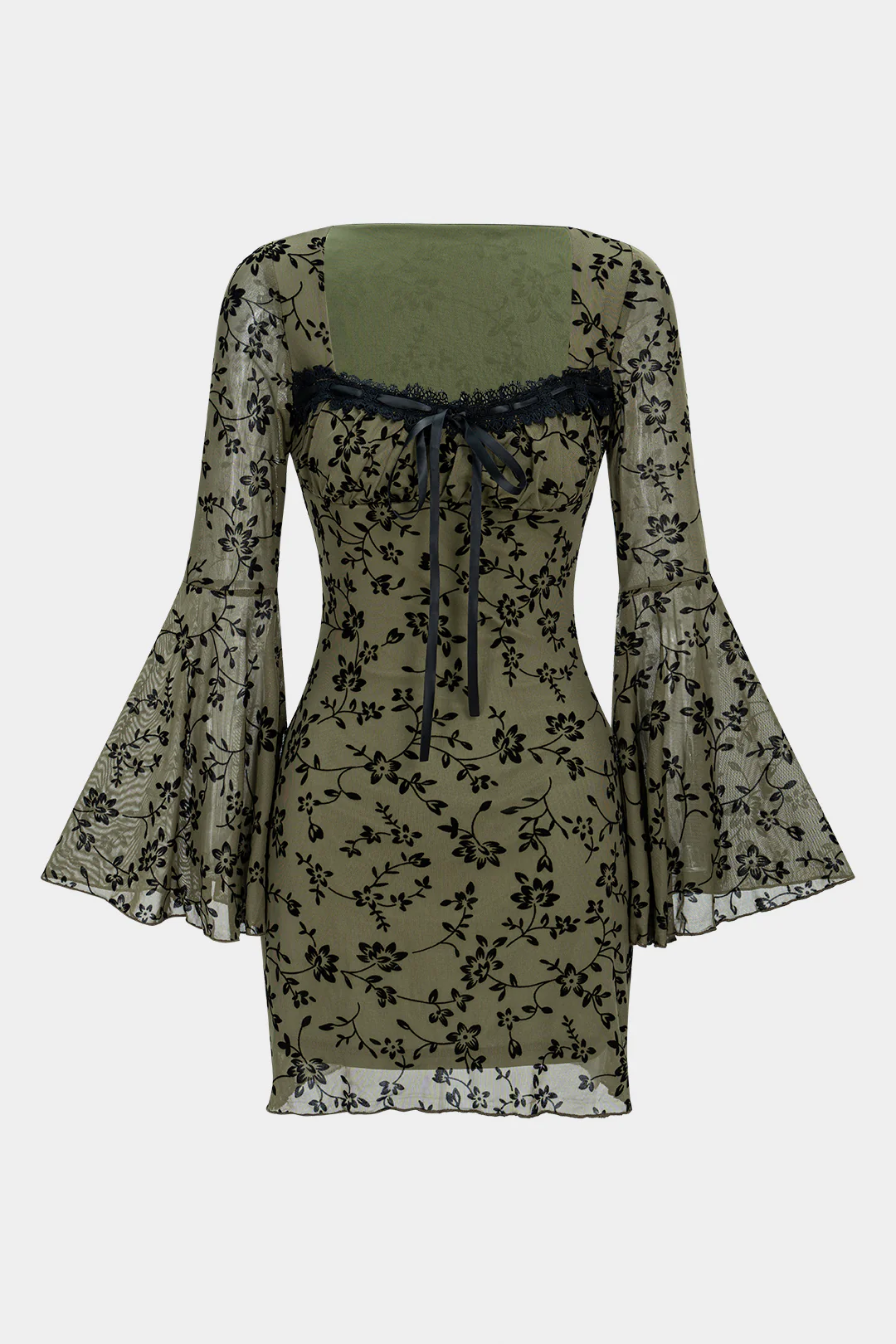 Floral Print Square Neck Tie-Front Bell Long Sleeve Mini Dress