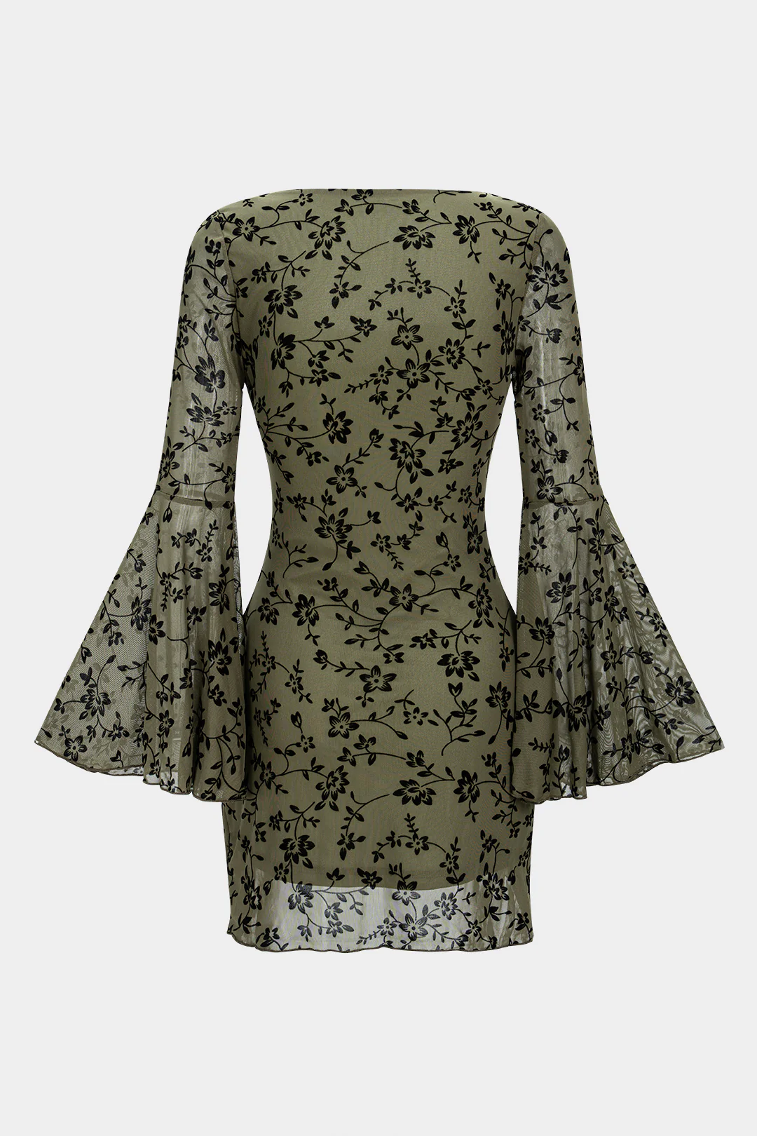 Floral Print Square Neck Tie-Front Bell Long Sleeve Mini Dress - Image 2
