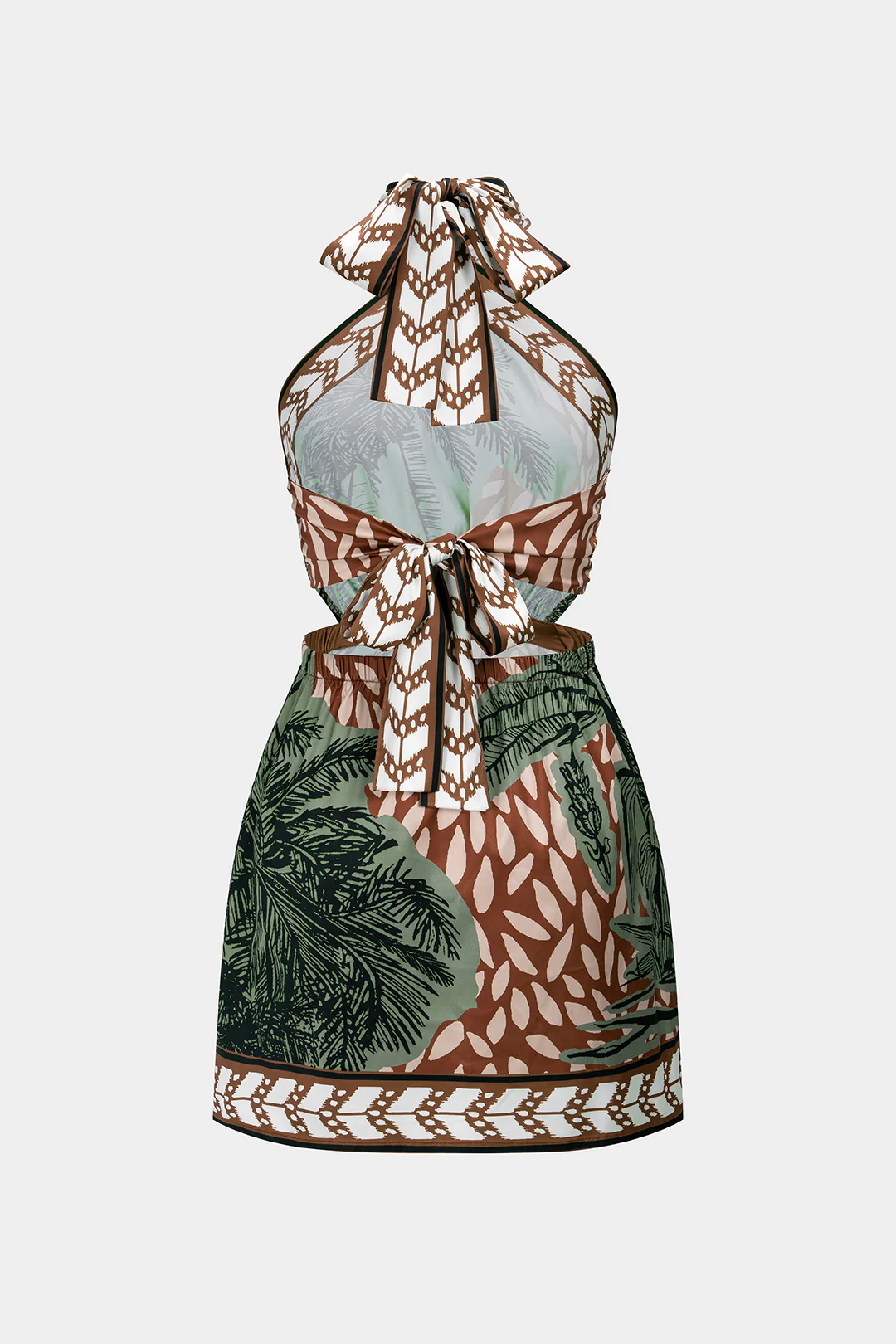 Leaves Print Satin Halter Neck Tie Back Backless Sleeveless Mini Dress - Image 2
