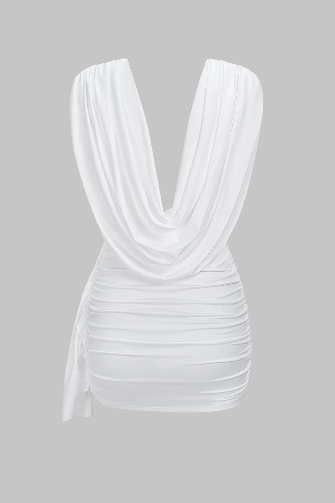 Ruched Draped Cowl Neck Asymmetrical Sleeveless Mini Dress - Image 2